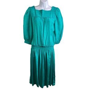 Vintage AP LTD Blue Green Stripes 100% Silk Blouson Dress Size 8 Retro‎ Mad Men